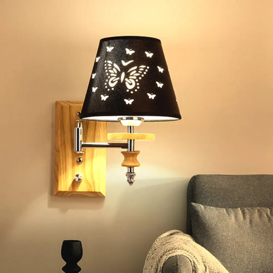 Butterfly-Patterned Wooden Wall Mounted Sconce With Black Barrel Fabric And 1/2 Kid-Friendly Lights