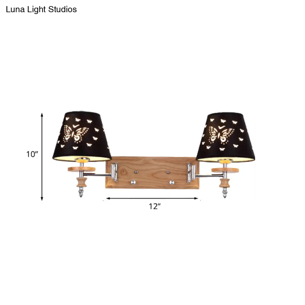 Butterfly-Patterned Wooden Wall Mounted Sconce With Black Barrel Fabric And 1/2 Kid-Friendly Lights