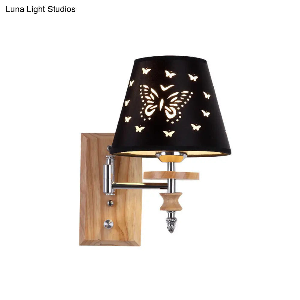 Butterfly-Patterned Wooden Wall Mounted Sconce With Black Barrel Fabric And 1/2 Kid-Friendly Lights