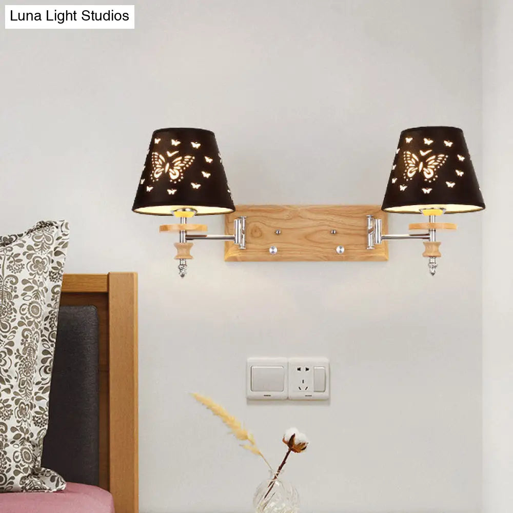 Butterfly-Patterned Wooden Wall Mounted Sconce With Black Barrel Fabric And 1/2 Kid-Friendly Lights