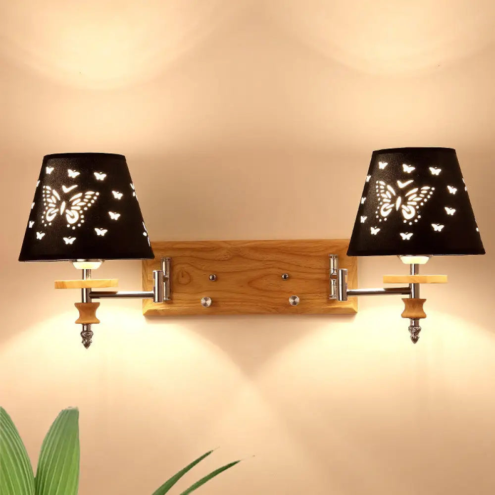 Butterfly-Patterned Wooden Wall Mounted Sconce With Black Barrel Fabric And 1/2 Kid-Friendly Lights