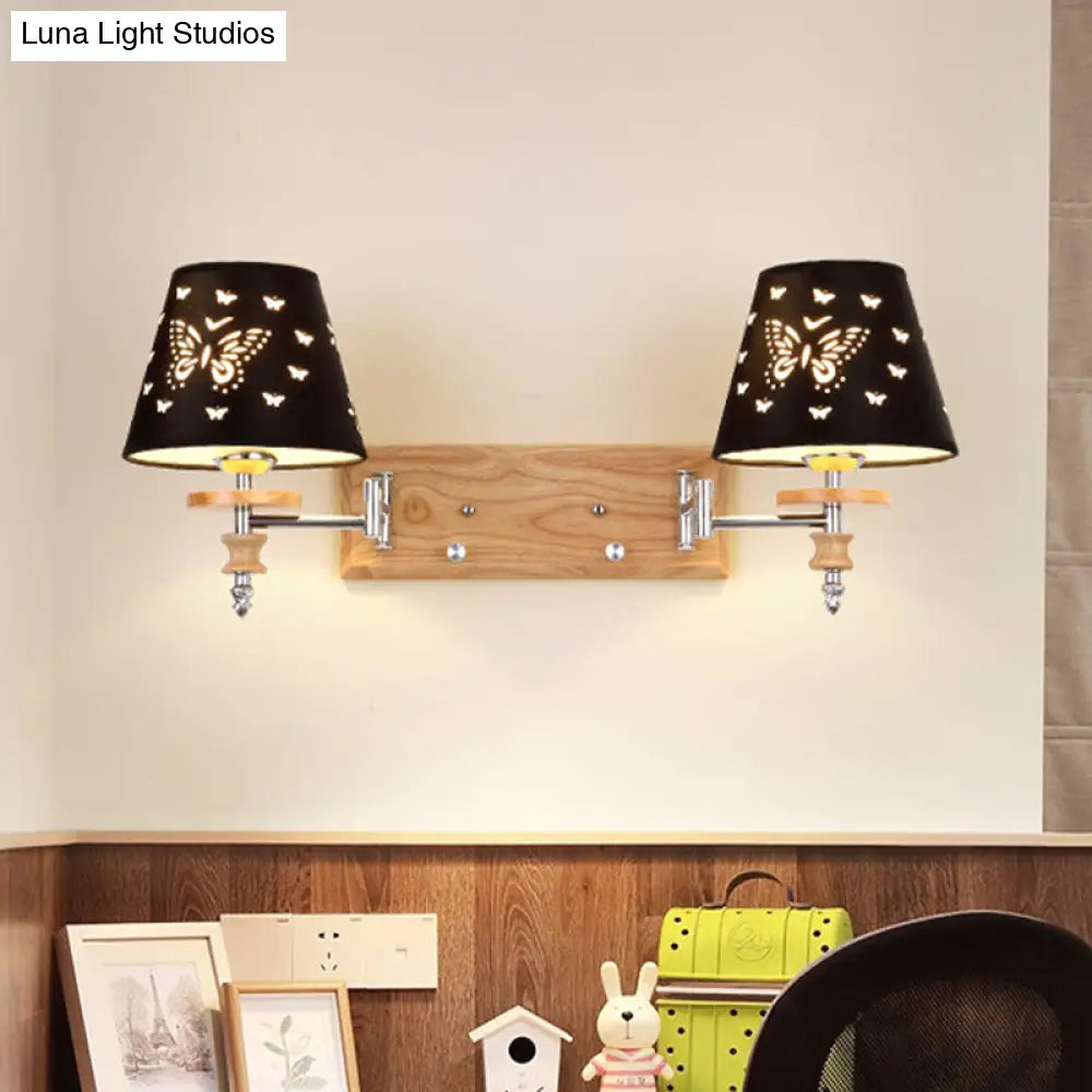 Butterfly-Patterned Wooden Wall Mounted Sconce With Black Barrel Fabric And 1/2 Kid-Friendly Lights