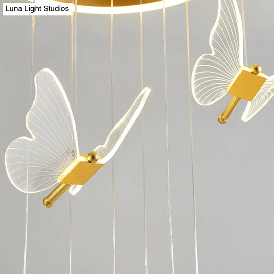 Butterfly Spiral Stairs Ceiling Lighting Acrylic Modern Led Multi-Light Pendant In Gold