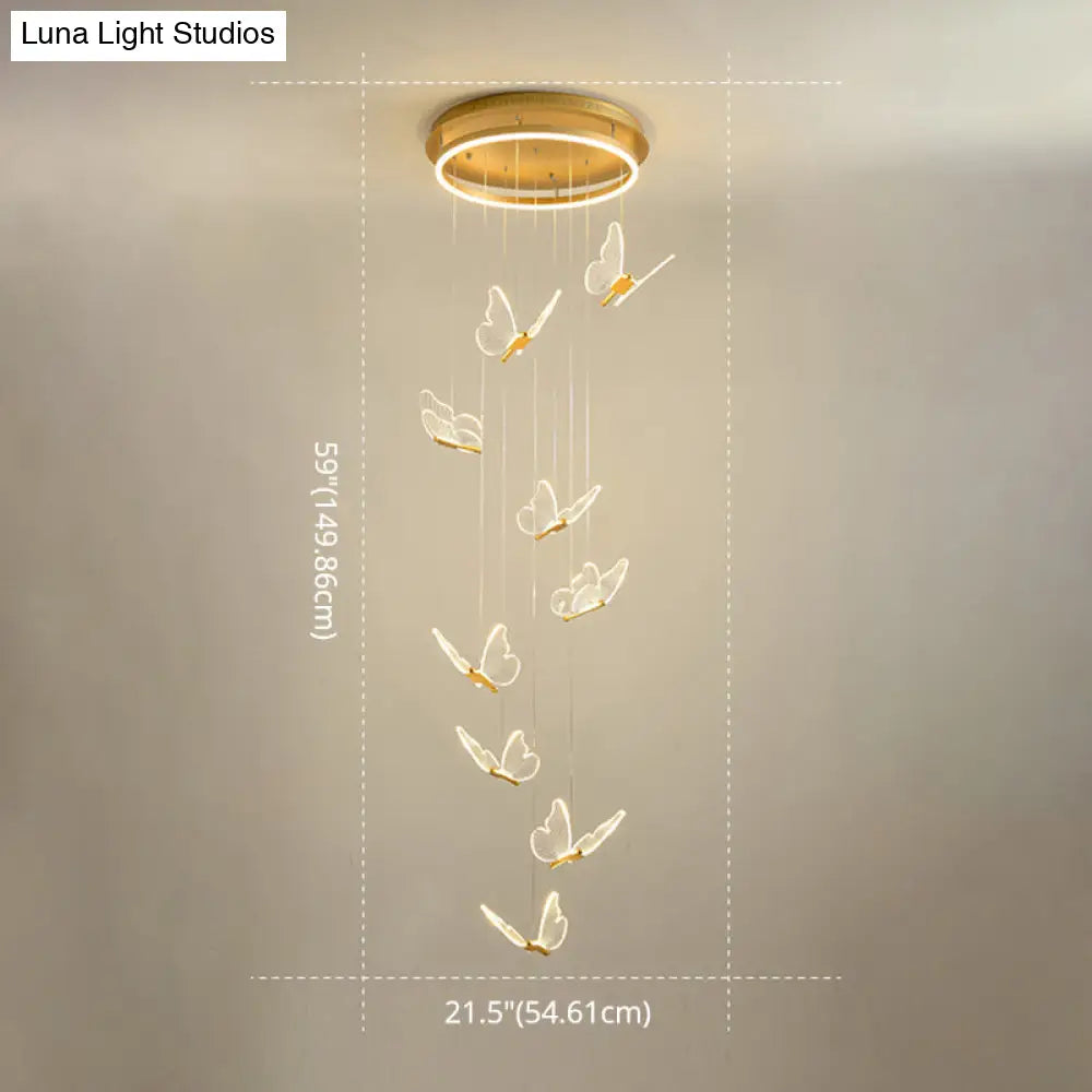 Butterfly Spiral Stairs Ceiling Lighting Acrylic Modern Led Multi-Light Pendant In Gold