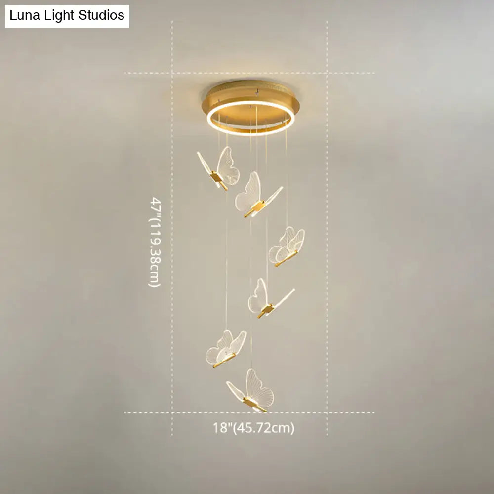 Butterfly Spiral Stairs Ceiling Lighting Acrylic Modern Led Multi-Light Pendant In Gold