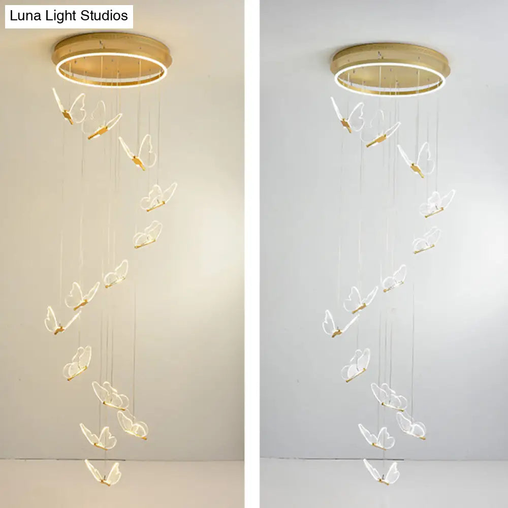 Butterfly Spiral Stairs Ceiling Lighting Acrylic Modern Led Multi-Light Pendant In Gold