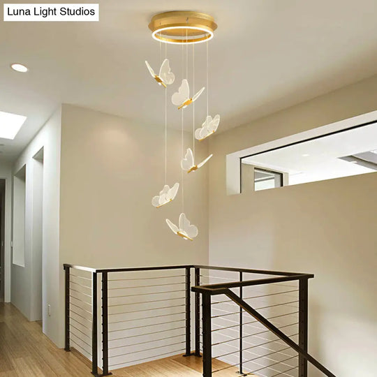 Butterfly Spiral Stairs Ceiling Lighting Acrylic Modern Led Multi-Light Pendant In Gold