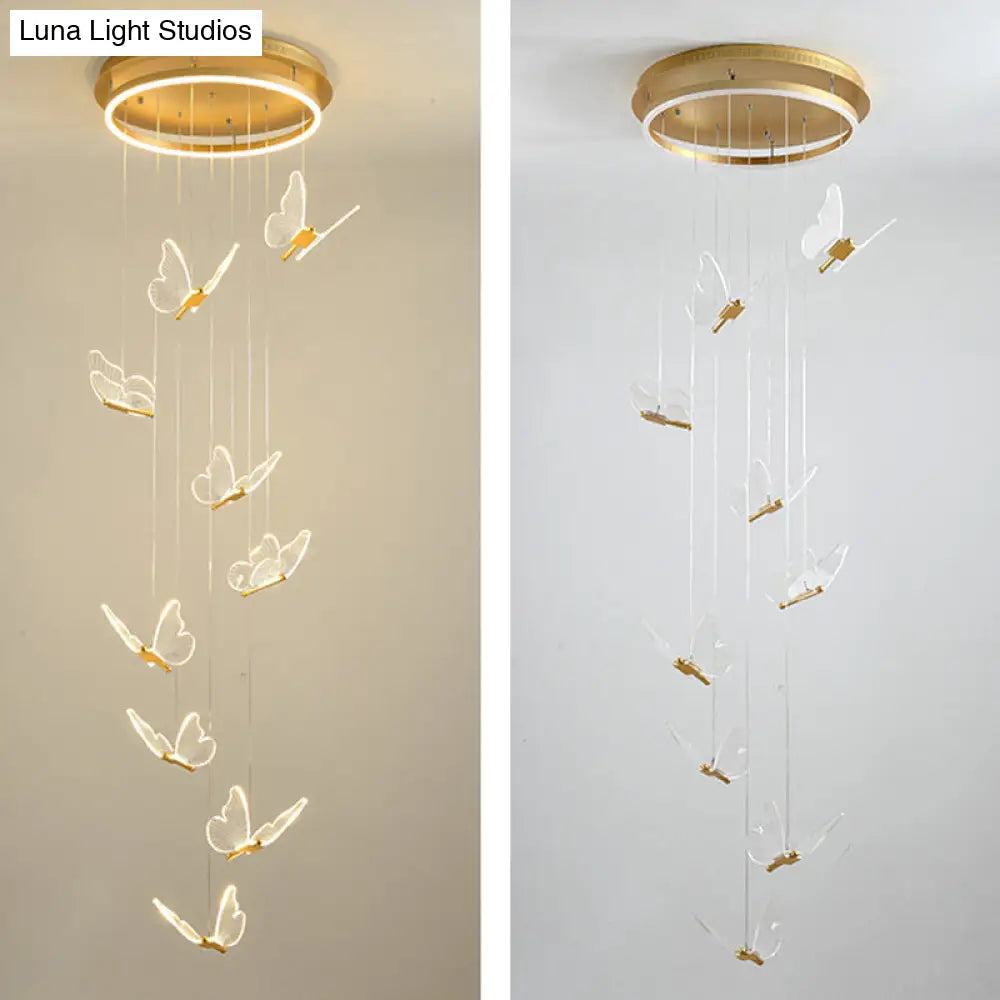 Butterfly Spiral Stairs Ceiling Lighting Acrylic Modern Led Multi-Light Pendant In Gold