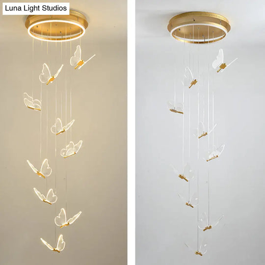 Butterfly Spiral Stairs Ceiling Lighting Acrylic Modern Led Multi-Light Pendant In Gold