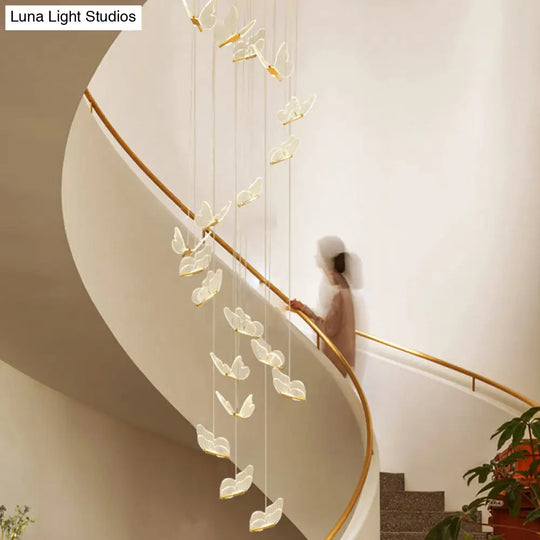 Butterfly Spiral Stairs Ceiling Lighting Acrylic Modern Led Multi-Light Pendant In Gold