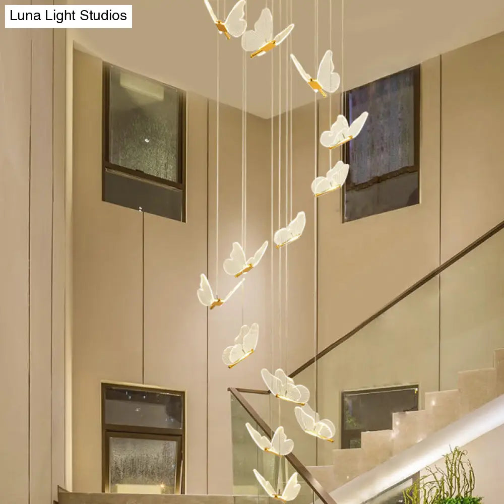 Butterfly Spiral Stairs Ceiling Lighting Acrylic Modern Led Multi-Light Pendant In Gold