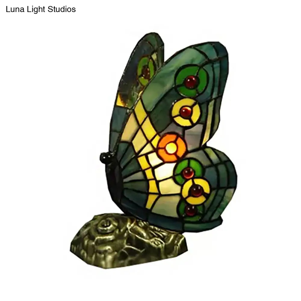 Butterfly Stained Glass Mini Decorative Table Lamp - Red/Yellow/Green Light For Lodge Ambiance