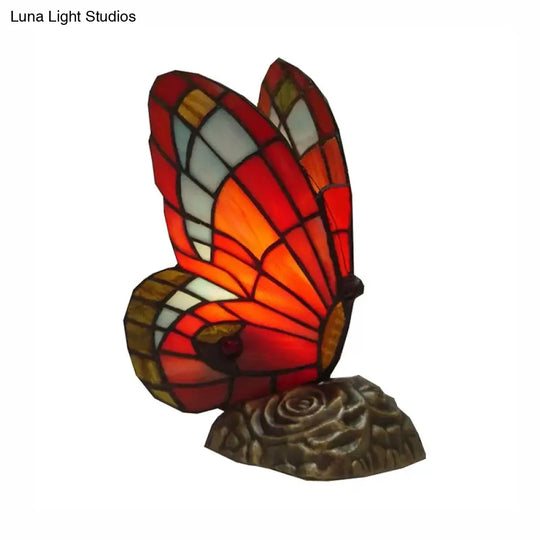 Butterfly Stained Glass Mini Decorative Table Lamp - Red/Yellow/Green Light For Lodge Ambiance