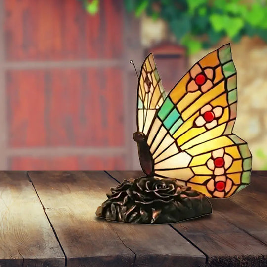 Butterfly Stained Glass Mini Decorative Table Lamp - Red/Yellow/Green Light For Lodge Ambiance