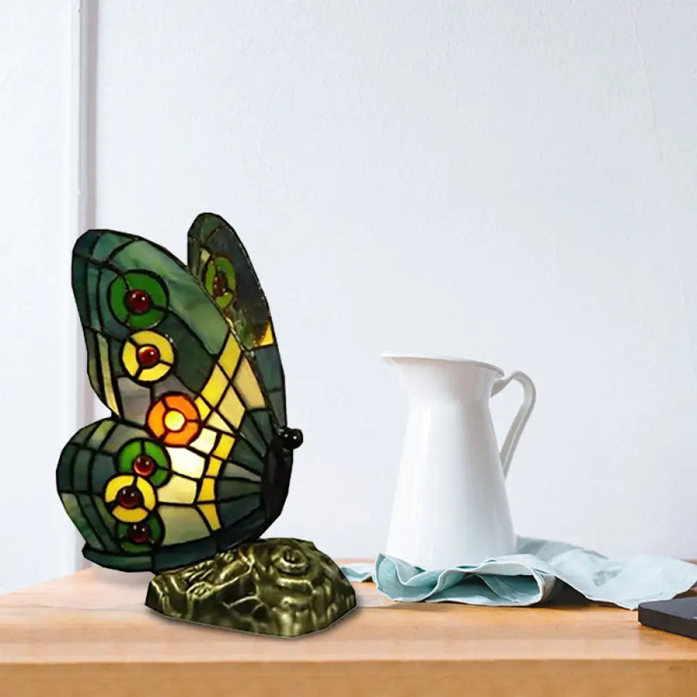 Butterfly Stained Glass Mini Decorative Table Lamp - Red/Yellow/Green Light For Lodge Ambiance Green