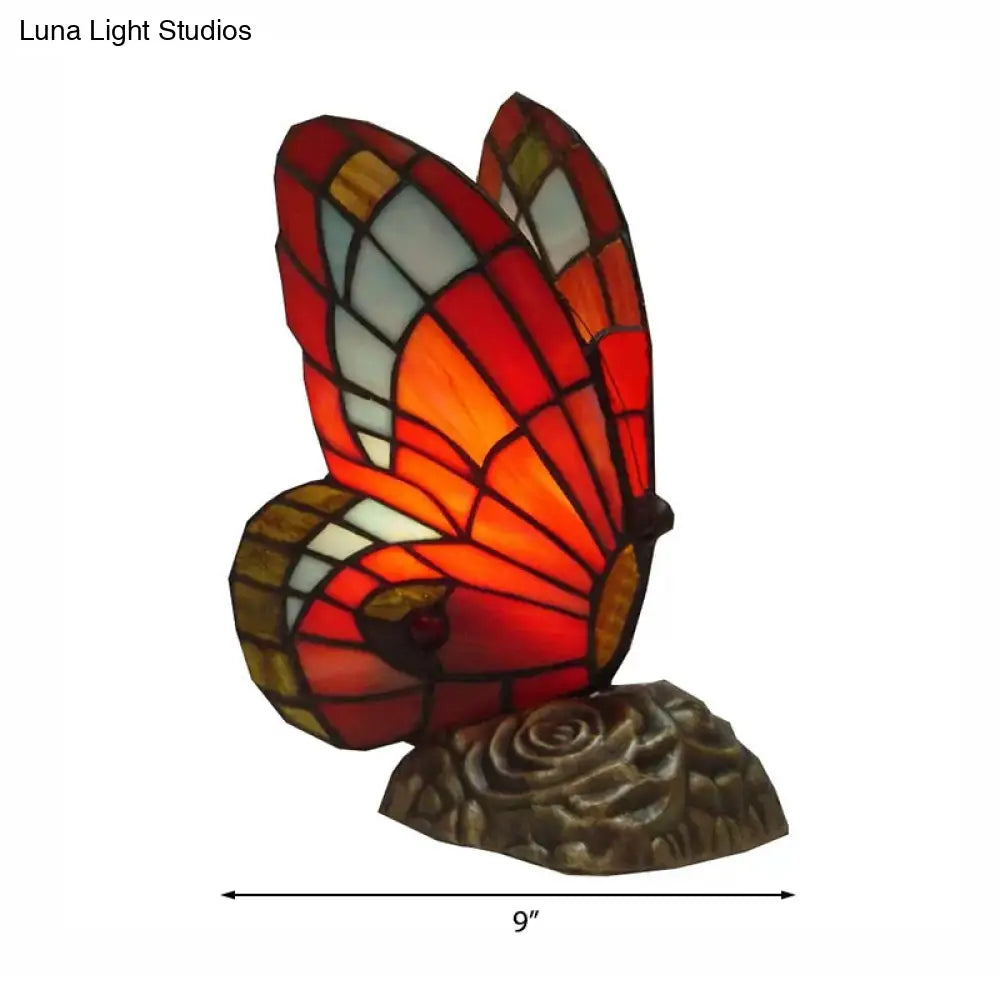 Butterfly Stained Glass Mini Decorative Table Lamp - Red/Yellow/Green Light For Lodge Ambiance