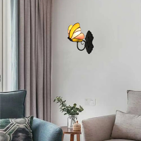 Butterfly Stained Glass Wall Lamp: Art Deco Bedroom Lighting In Yellow And Pink/Blue Yellow-Pink