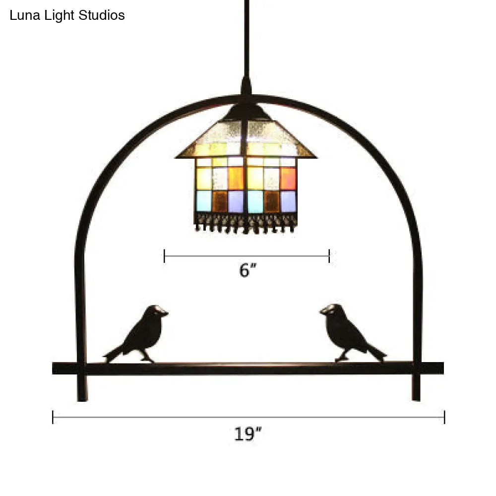 Cafe House Pendant Light With Bird Deco - Stained Glass Tiffany Ceiling