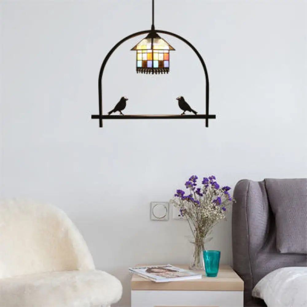 Cafe House Pendant Light With Bird Deco - Stained Glass Tiffany Ceiling Black