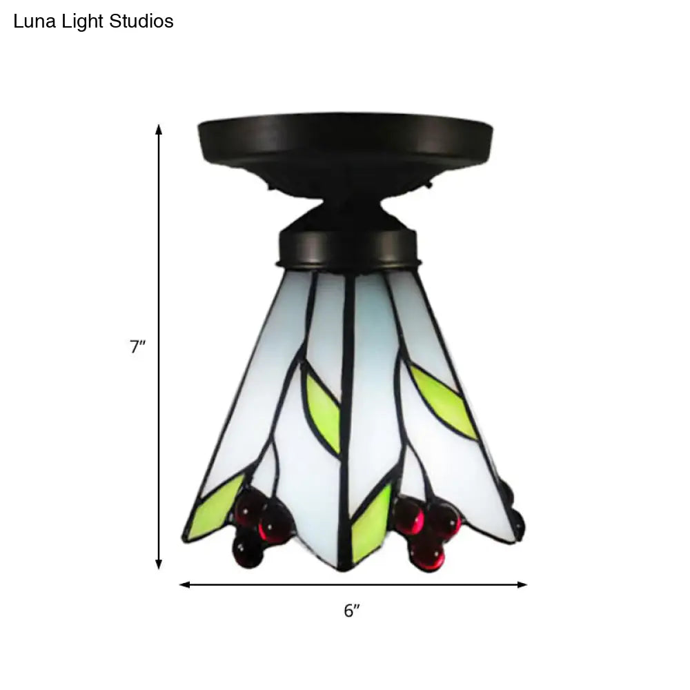 Cafe Leaf And Flower Stained Glass Ceiling Mount Light - Rustic White Tiffany Fixture (1 Bulb)