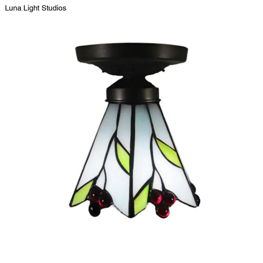 Cafe Leaf And Flower Stained Glass Ceiling Mount Light - Tiffany Rustic White Fixture