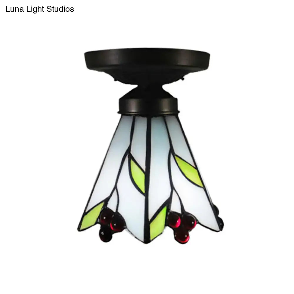 Cafe Leaf And Flower Stained Glass Ceiling Mount Light - Rustic White Tiffany Fixture (1 Bulb)