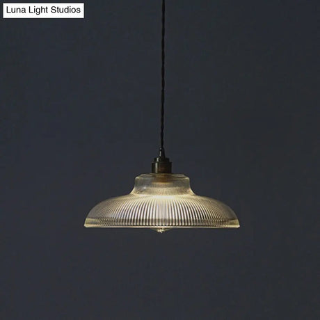 Cafe Pendant Lighting: Retro Bowl Shaped Clear Striped Glass Lamp With Brass Finish