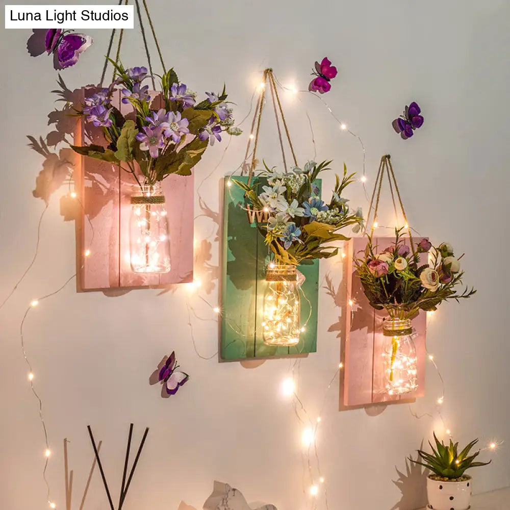 Cafe Rustic Floral Wall String Lights With Clear Glass Shades And Pink Backplate For Twinkling