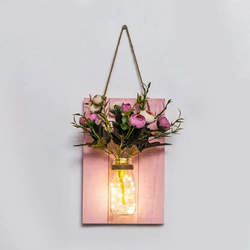 Cafe Rustic Floral Wall String Lights With Clear Glass Shades And Pink Backplate For Twinkling