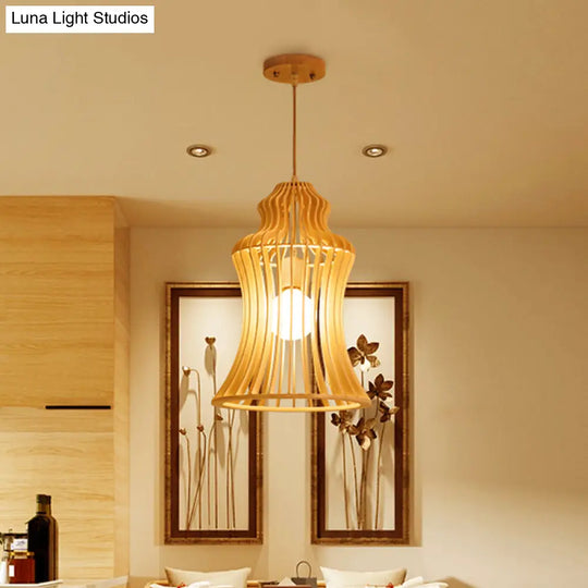 Cage Restaurant Hanging Light: Curvaceous Wooden Japanese Pendant With Inner Fabric Shade