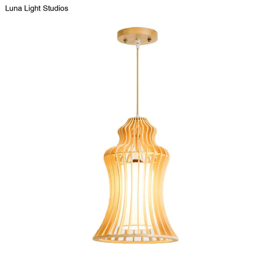 Cage Restaurant Hanging Light: Curvaceous Wooden Japanese Pendant With Inner Fabric Shade