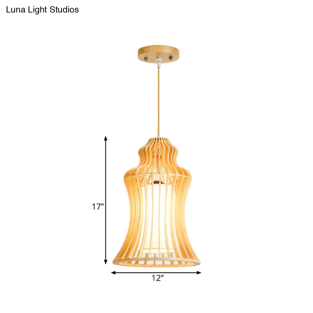 Cage Restaurant Hanging Light: Curvaceous Wooden Japanese Pendant With Inner Fabric Shade