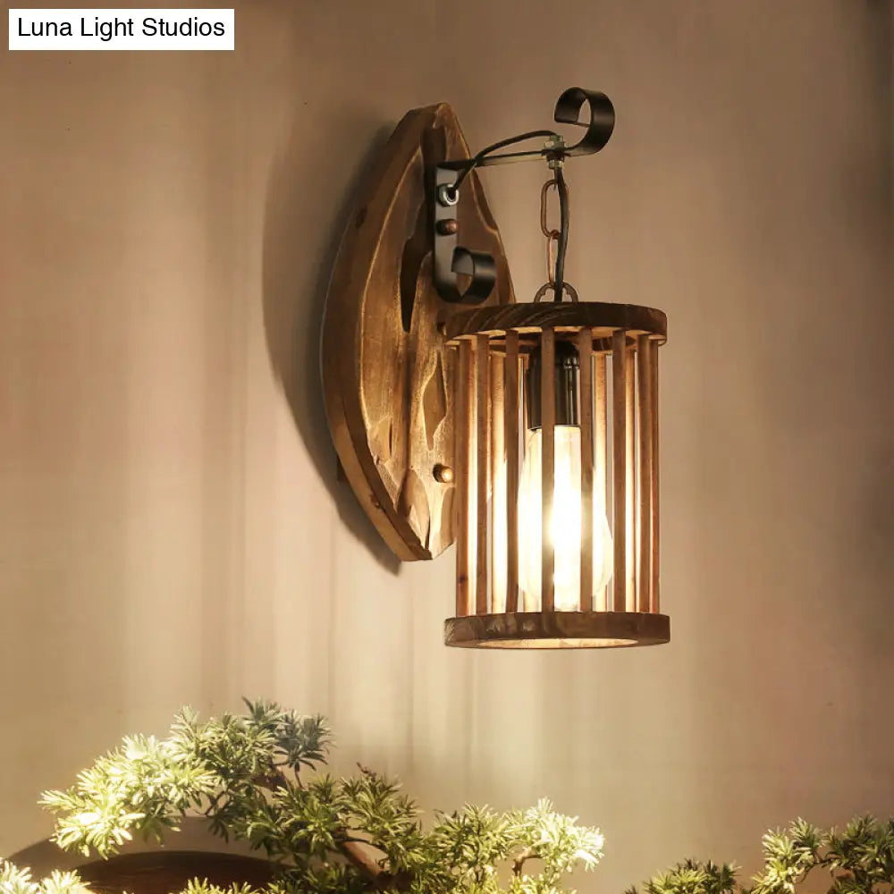 Cage Sconce Industrial 1 Light Wood Lodge Wall For Coffee Shop