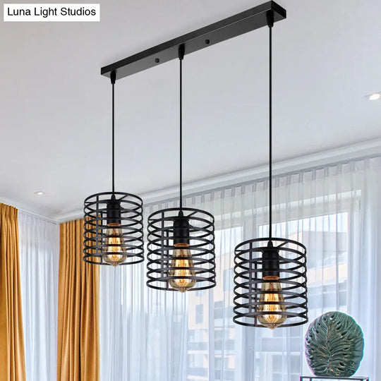 Industrial 3-Bulb Cage Shade Hanging Lamp In Black For Dining Rooms / Linear