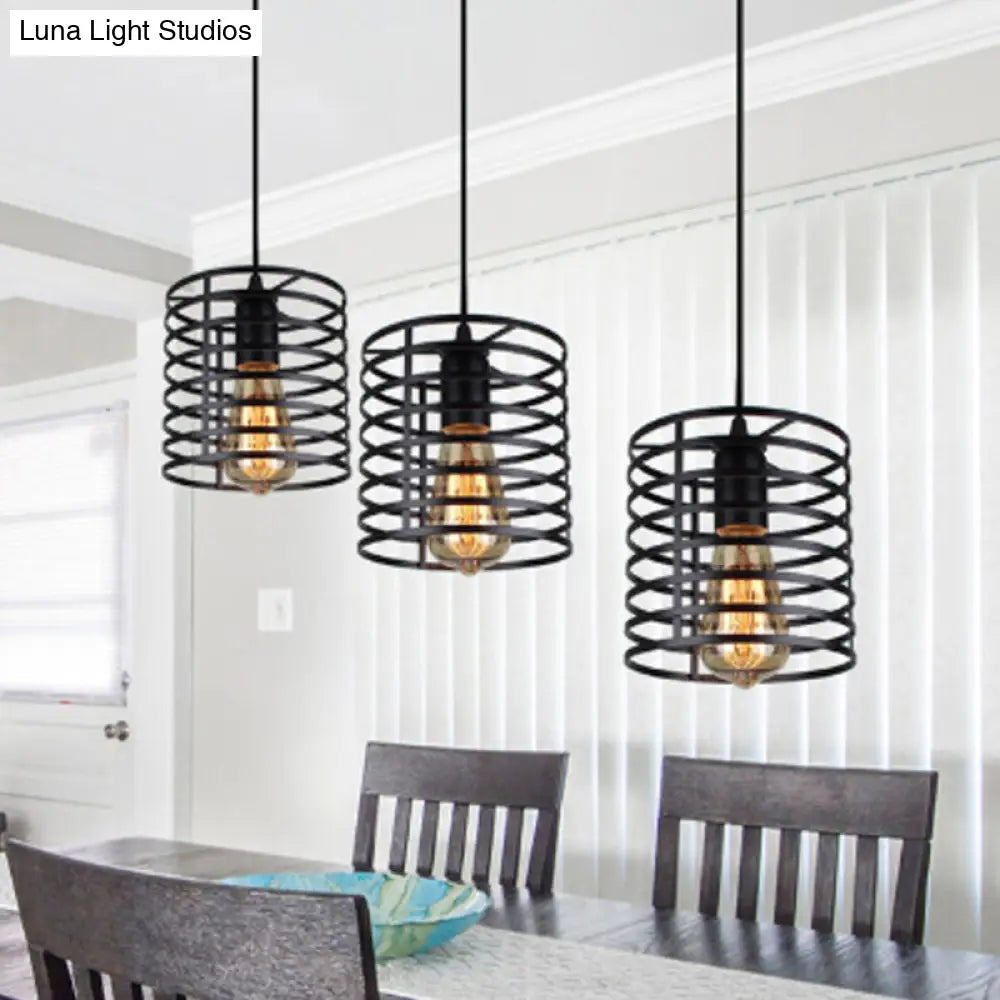 Industrial 3-Bulb Cage Shade Hanging Lamp In Black For Dining Rooms