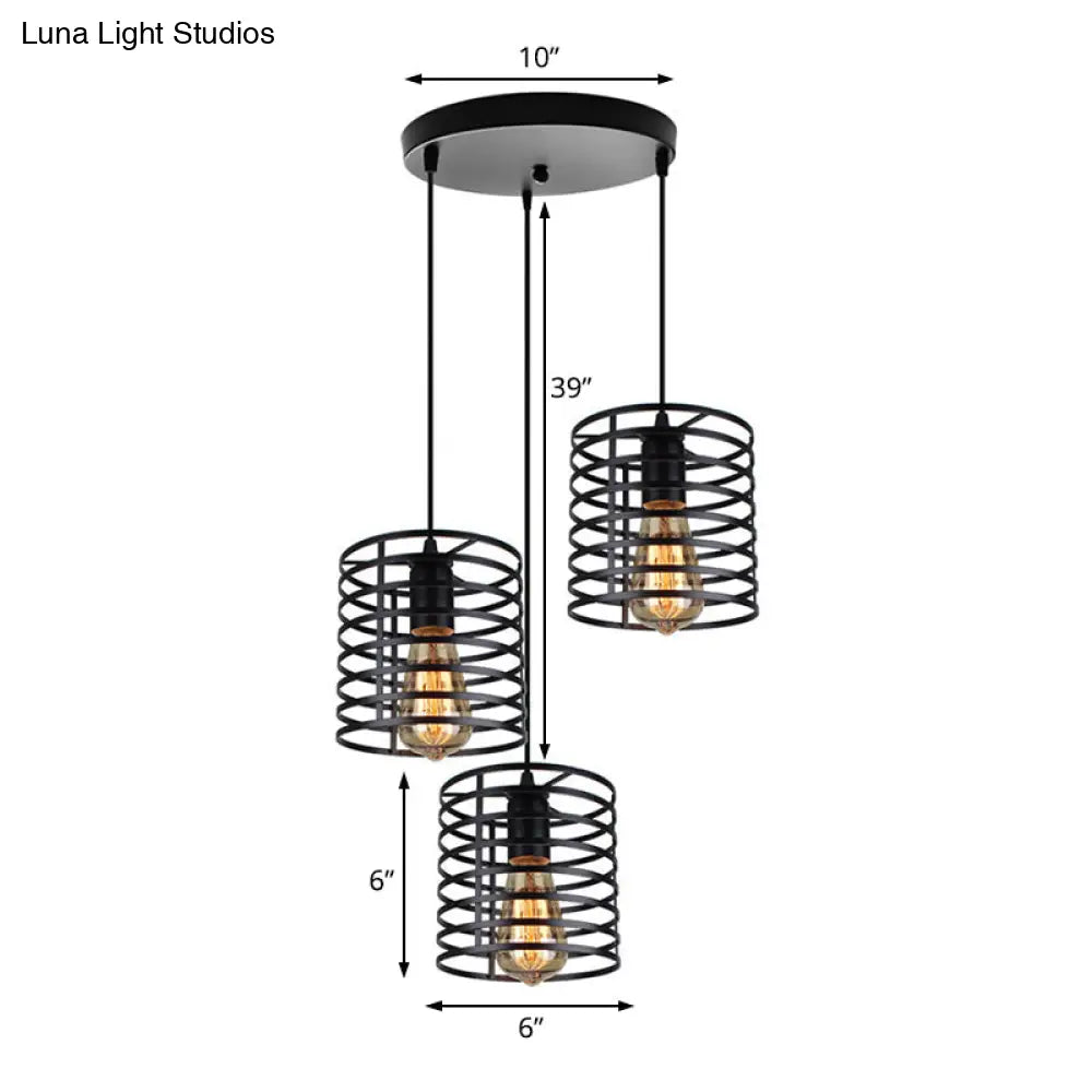 Cage Shade Industrial Hanging Light With 3 Bulbs - Cylindrical Metallic Lamp For Dining Room In