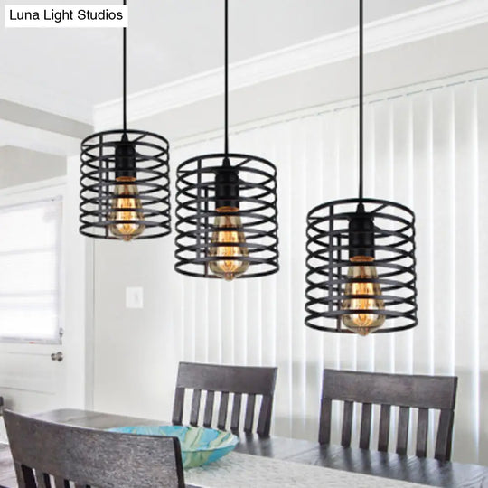 Cage Shade Industrial Hanging Light With 3 Bulbs - Cylindrical Metallic Lamp For Dining Room In