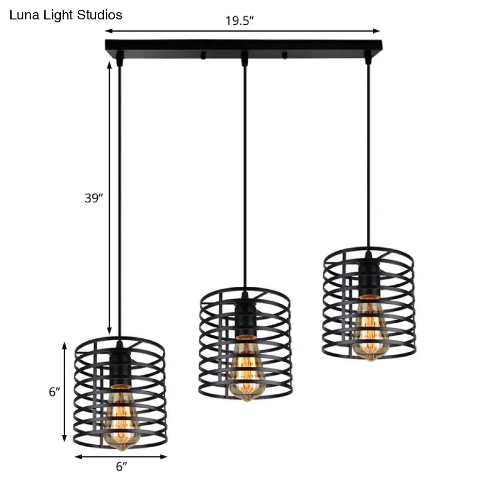 Cage Shade Industrial Hanging Light With 3 Bulbs - Cylindrical Metallic Lamp For Dining Room In