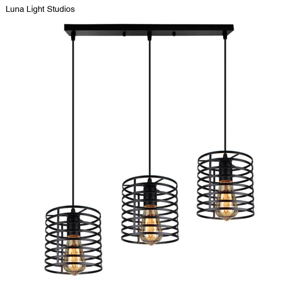 Industrial 3-Bulb Cage Shade Hanging Lamp In Black For Dining Rooms