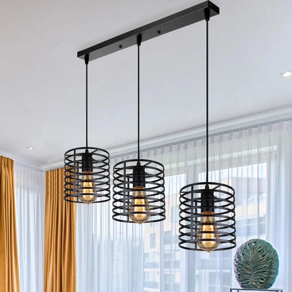 Cage Shade Industrial Hanging Light With 3 Bulbs - Cylindrical Metallic Lamp For Dining Room In