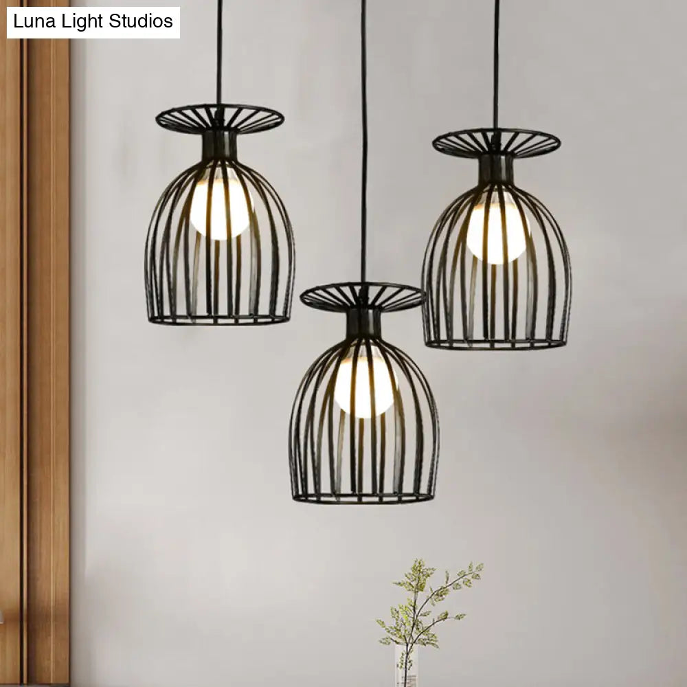 Industrial Metal Pendant Light With Wine Glass Cage Shade - 3 Lights Black/White Perfect For Dining