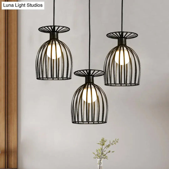 Industrial Metal Pendant Light With Wine Glass Cage Shade - 3 Lights Black/White Perfect For Dining