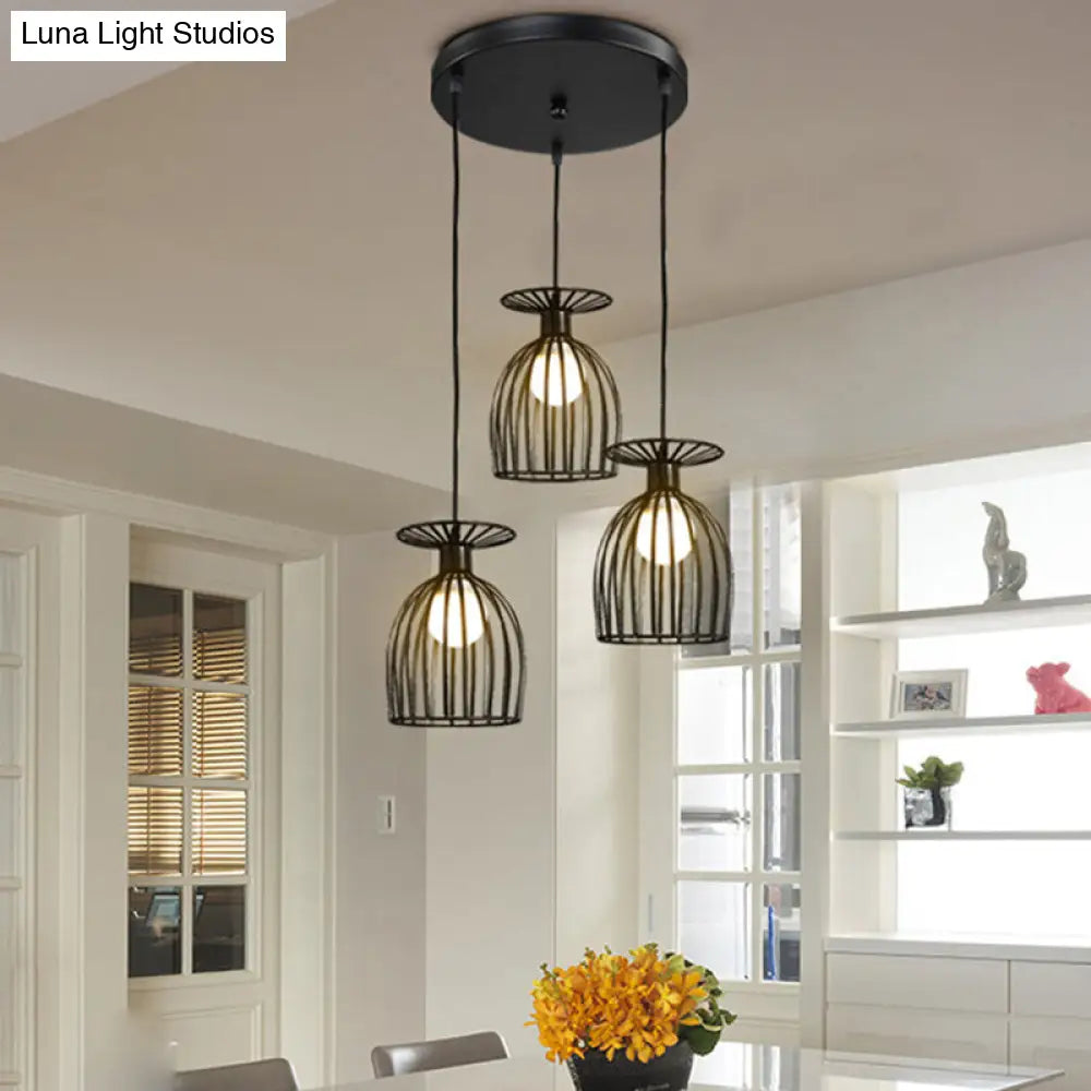 Industrial Metal Pendant Light With Wine Glass Cage Shade - 3 Lights Black/White Perfect For Dining
