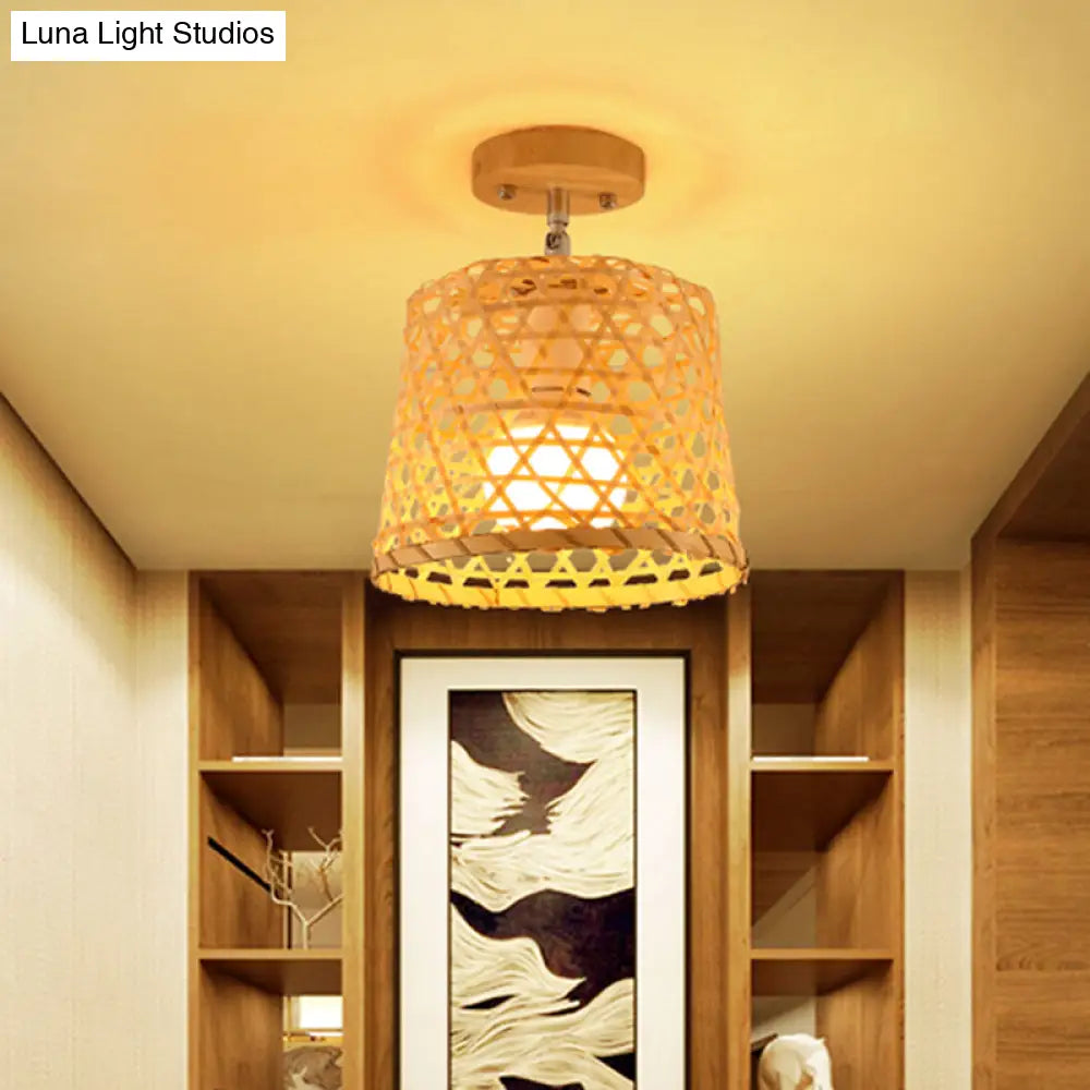 Cage Style Asian Bamboo Ceiling Light - Wood Semi Flush Single-Bulb Aisle Mounted