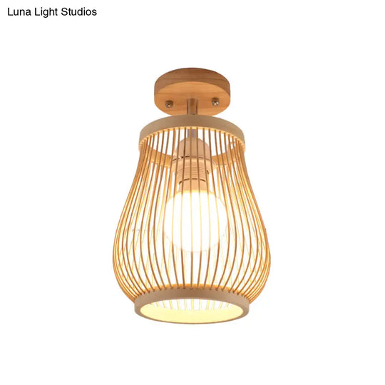 Cage Style Asian Bamboo Ceiling Light - Wood Semi Flush Single-Bulb Aisle Mounted