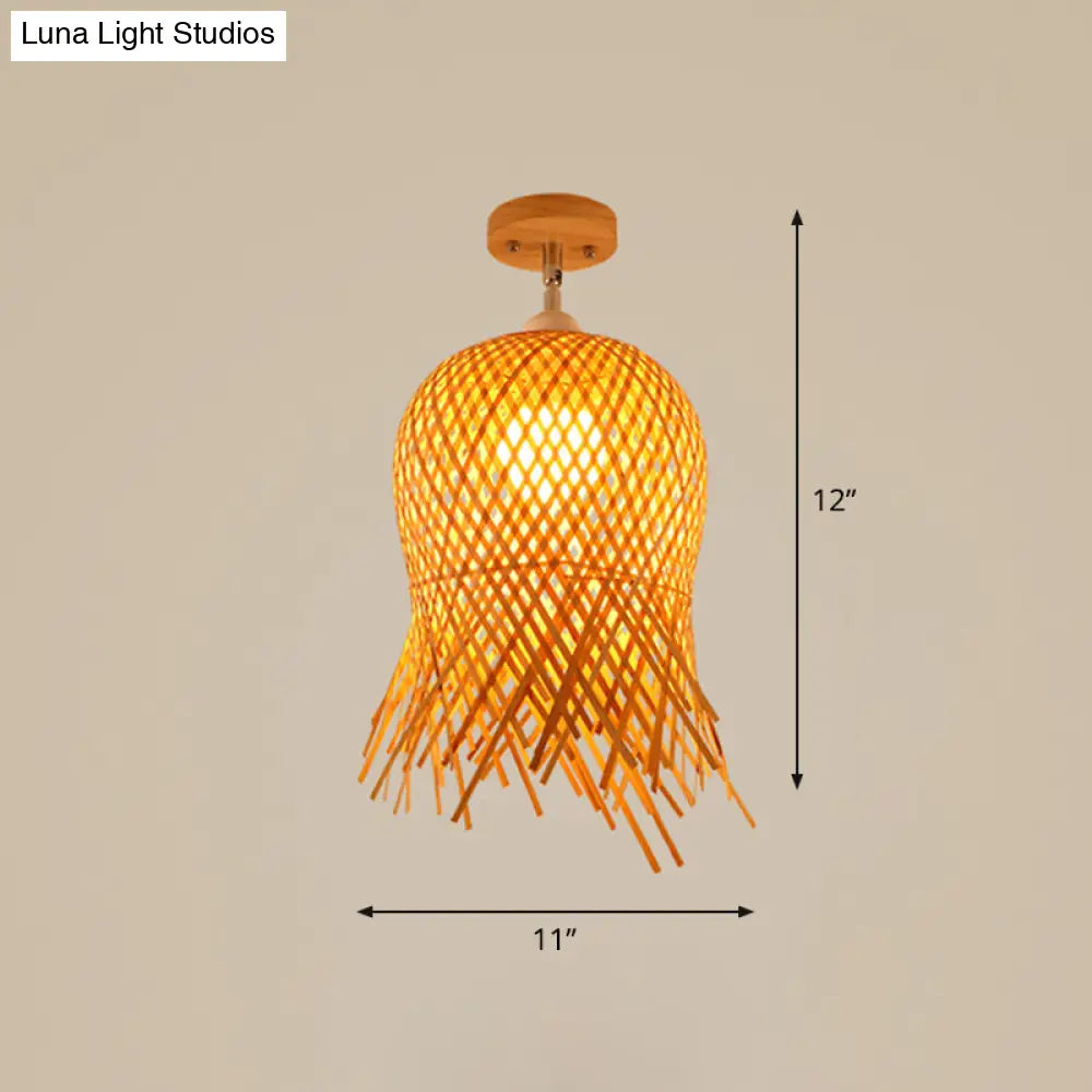 Cage Style Asian Bamboo Ceiling Light - Wood Semi Flush Single-Bulb Aisle Mounted