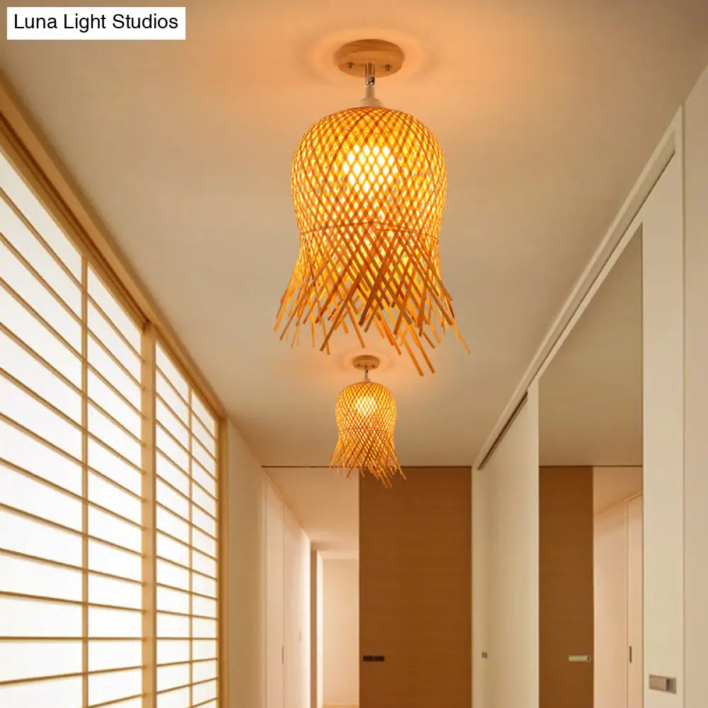 Cage Style Asian Bamboo Ceiling Light - Wood Semi Flush Single-Bulb Aisle Mounted