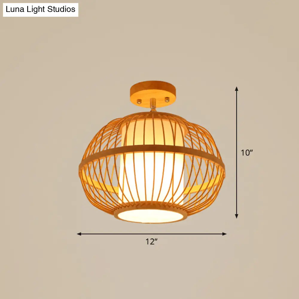 Cage Style Asian Bamboo Ceiling Light - Wood Semi Flush Single-Bulb Aisle Mounted