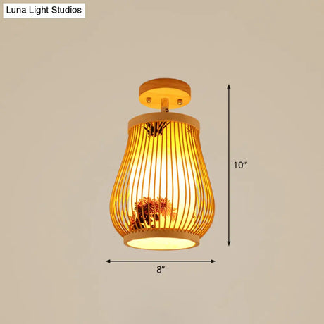 Cage Style Asian Bamboo Ceiling Light - Wood Semi Flush Single-Bulb Aisle Mounted