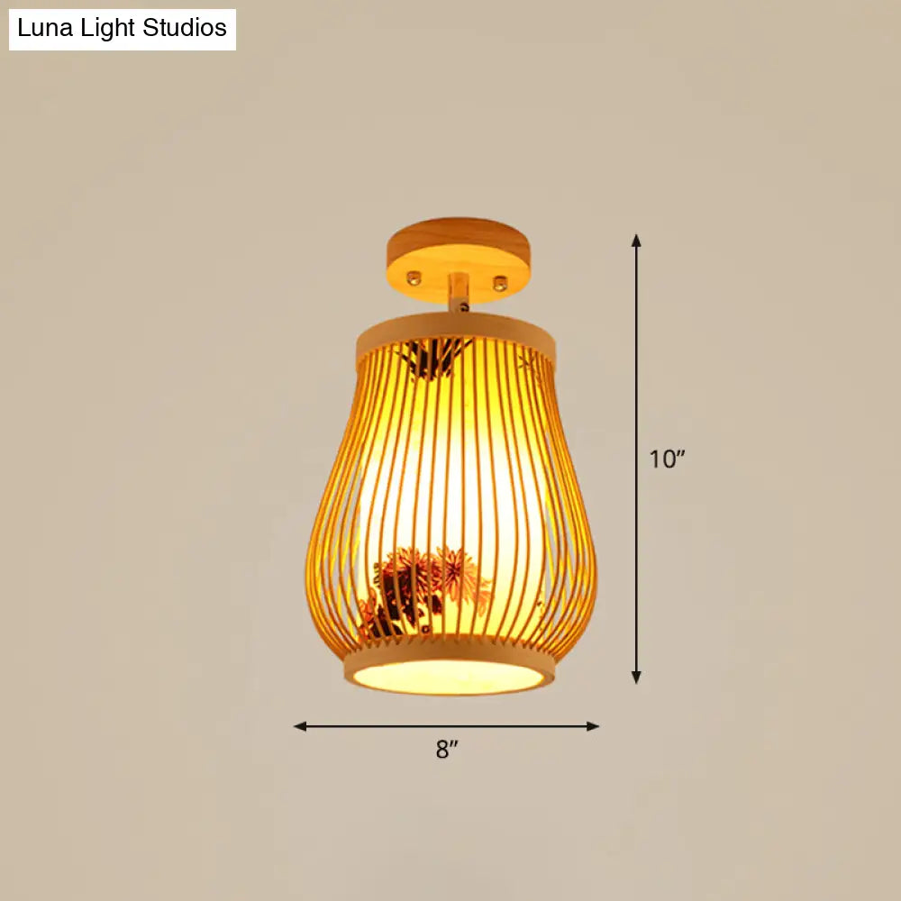 Cage Style Asian Bamboo Ceiling Light - Wood Semi Flush Single-Bulb Aisle Mounted